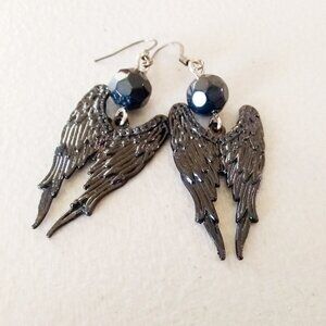 Black Angel Wings - Patina Painted Dangle Earrings - Big Black Wing Earrings